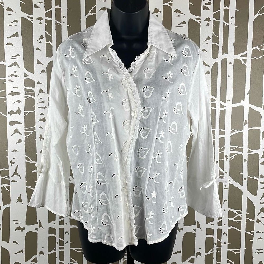 Cotton Sheer Eyelet Floral Hearts Button Front Top L